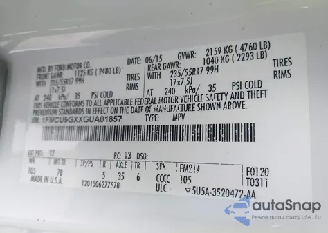 2016 Ford Escape Se from USA, damaged, VIN 1FMCU9GXXGUA01857